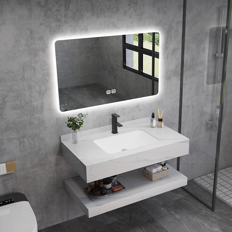 La vanità di marmo moderna del bagno dell'hotel ha sinterizzato il Governo di pietra Smart del lavandino del bacino ha condotto lo specchio