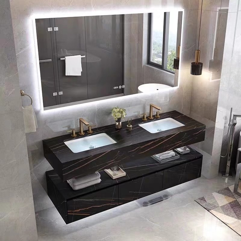 La vanità di marmo moderna del bagno dell'hotel ha sinterizzato il Governo di pietra Smart del lavandino del bacino ha condotto lo specchio