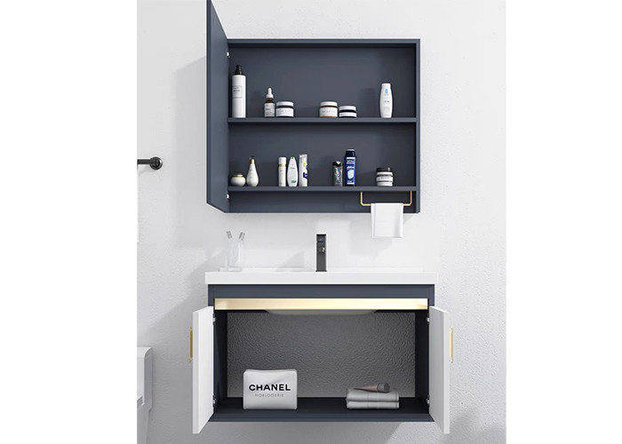 Vanità ceramica di verniciatura lucida bianca fissata al muro del bacino del PVC del bagno alta con lo specchio