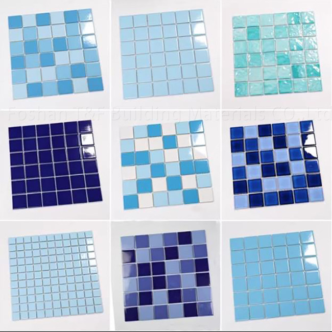 Piscina quadrata mosaico piastrelle piscine interne pesce ceramica paesaggio esterno parete terra blu