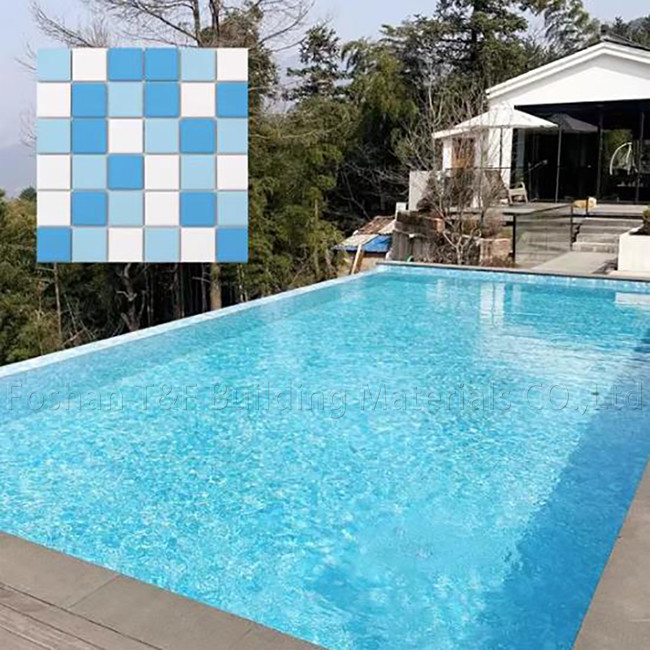 Piscina quadrata mosaico piastrelle piscine interne pesce ceramica paesaggio esterno parete terra blu