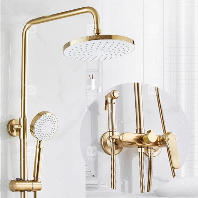 Nordic Light Luxury Shower Set Home Rubinetto di ottone spazzolato oro caldo e freddo ugello a pressione